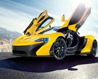 Sleek Yellow McLaren with Scissor Doors Against a Scenic Background