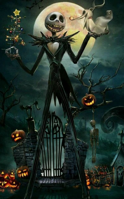 Noche de Halloween espeluznante con Jack Skellington y criaturas de calabaza