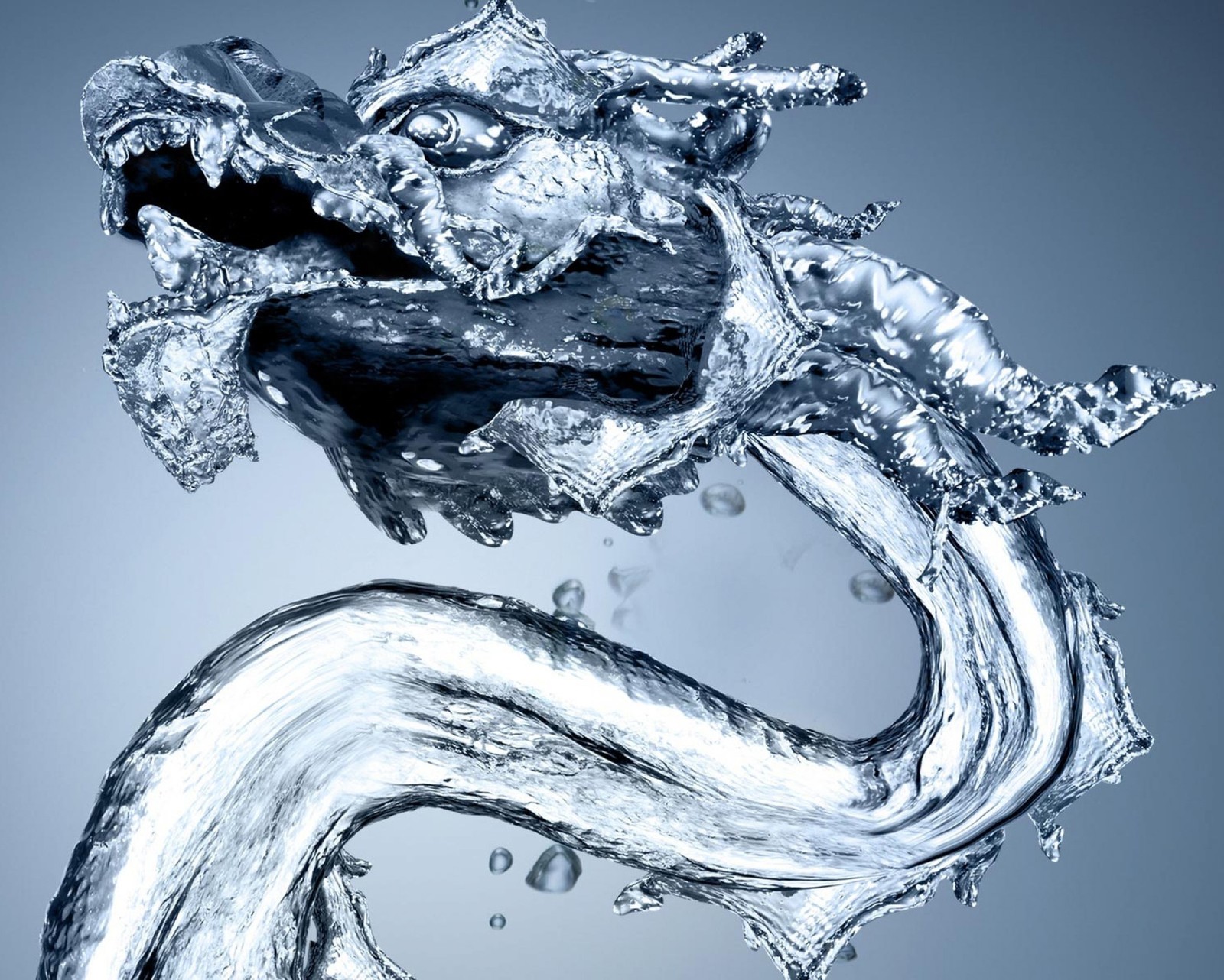 There is a dragon made of water with a long tail (3d, animal, blue, dragon, fantasy)