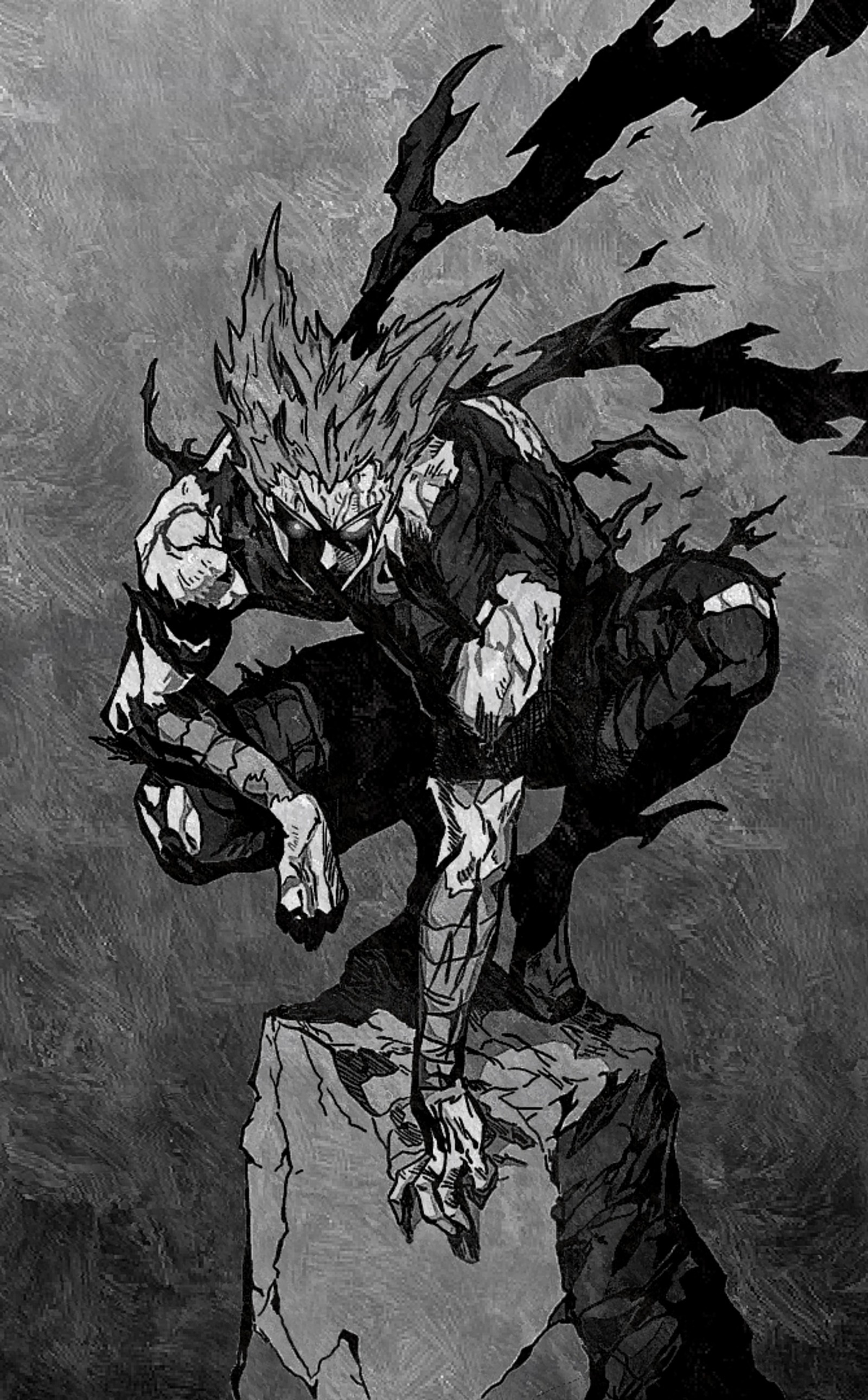 Un dibujo de un hombre con un cuerpo grande y una cabeza grande sobre una roca (anime, garou, one punch man)