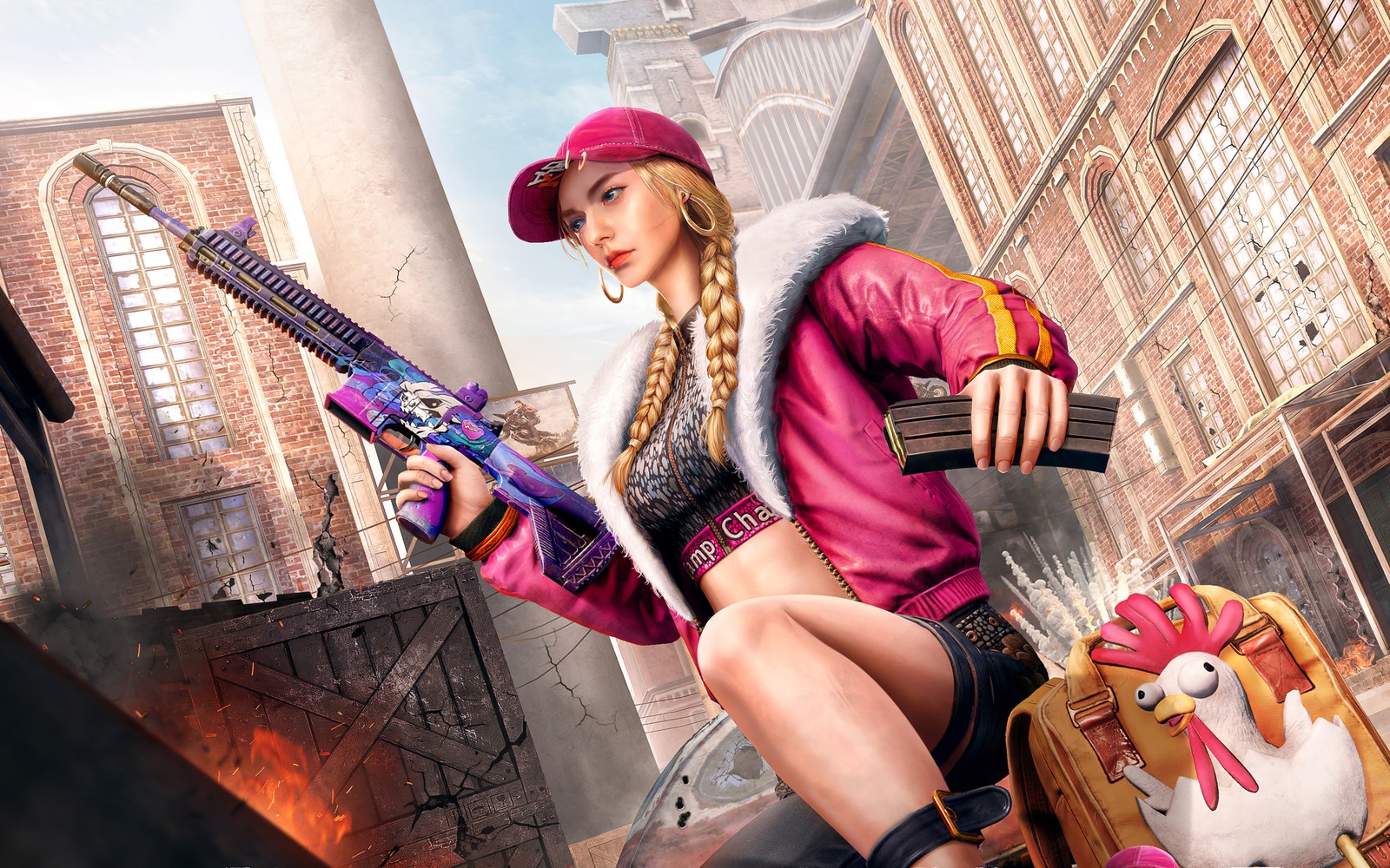 A woman in a pink outfit holding a purple gun (pubg, pubggirl, pubgmobile)