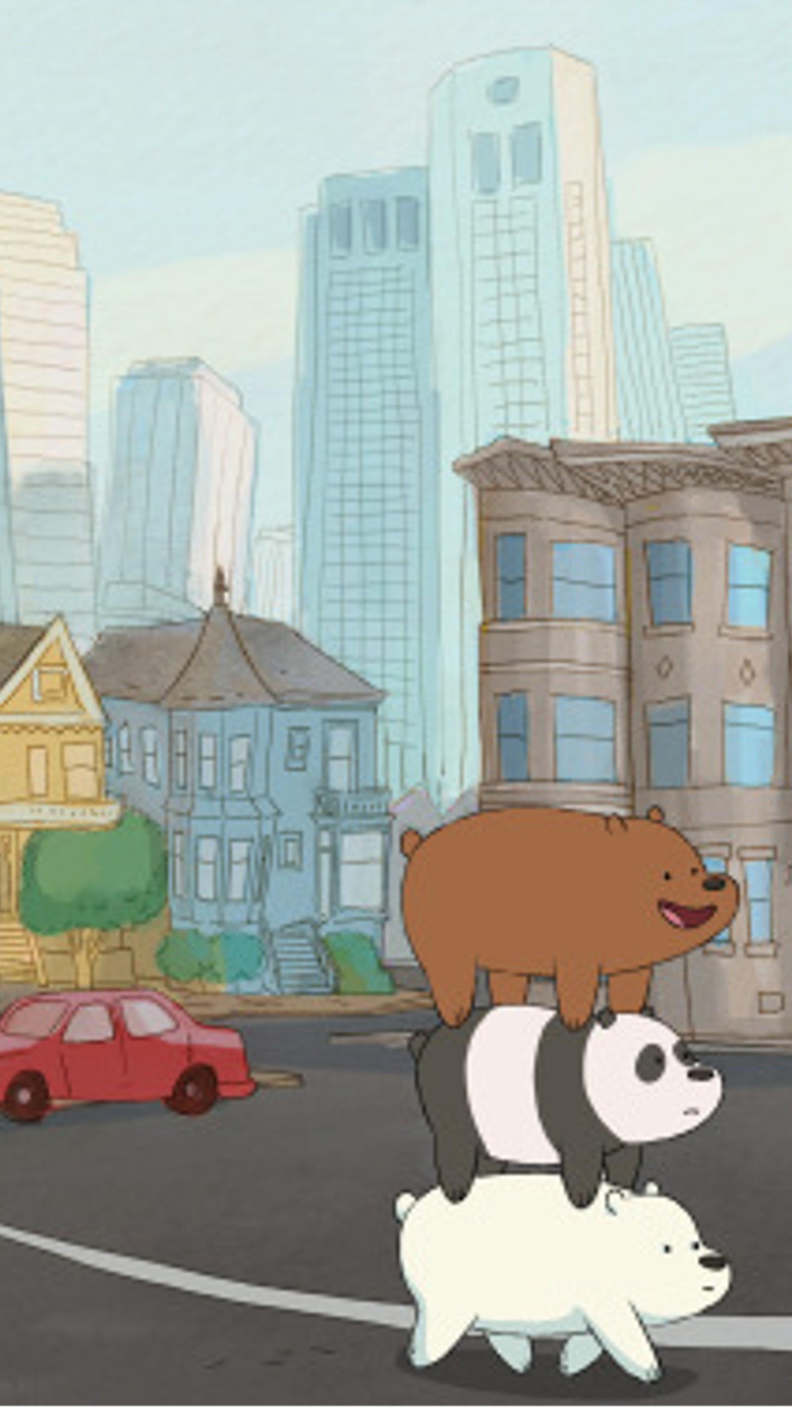 Caricatura de un grupo de osos y pandas caminando por una calle (caricatura, cartoon network, lindo, we bare bears)