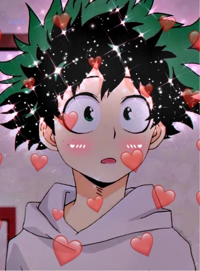 Deku entouré de cœurs scintillants dans le style de My Hero Academia