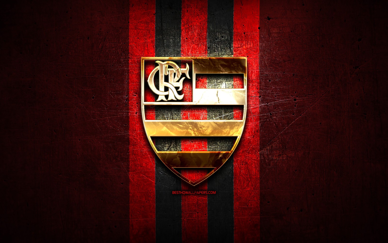 Um close-up de uma parede listrada de vermelho e preto com um emblema dourado (flamengo, flamengo fc, flamengo rj, futebol, logotipo)