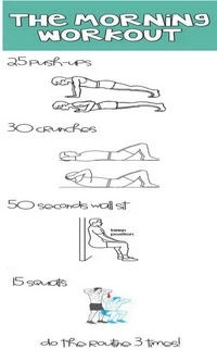 Rotina de treino matinal: 25 flexões, 30 abdominais, 50 segundos de agachamento na parede, 15 agachamentos (repetir 3 vezes)