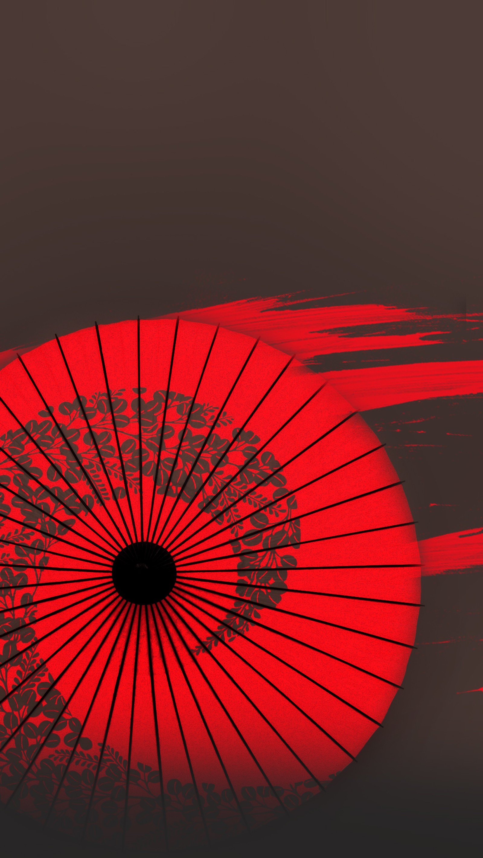 Il y a un parapluie rouge avec un design noir dessus (abstrait, japonais, objet, rouge)