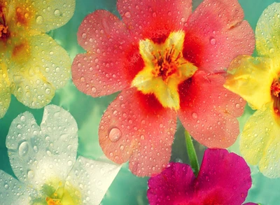 Vibrant Flowers Adorned with Dew Drops in HD