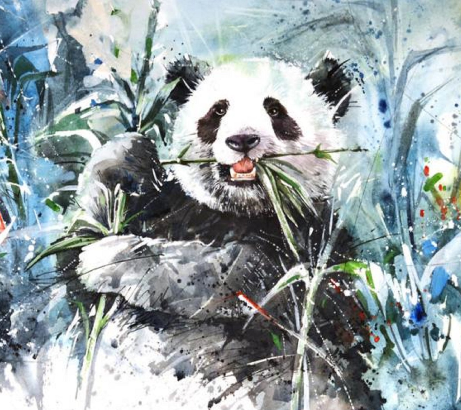 Pintura de un oso panda comiendo bambú en un bosque (oso, panda)