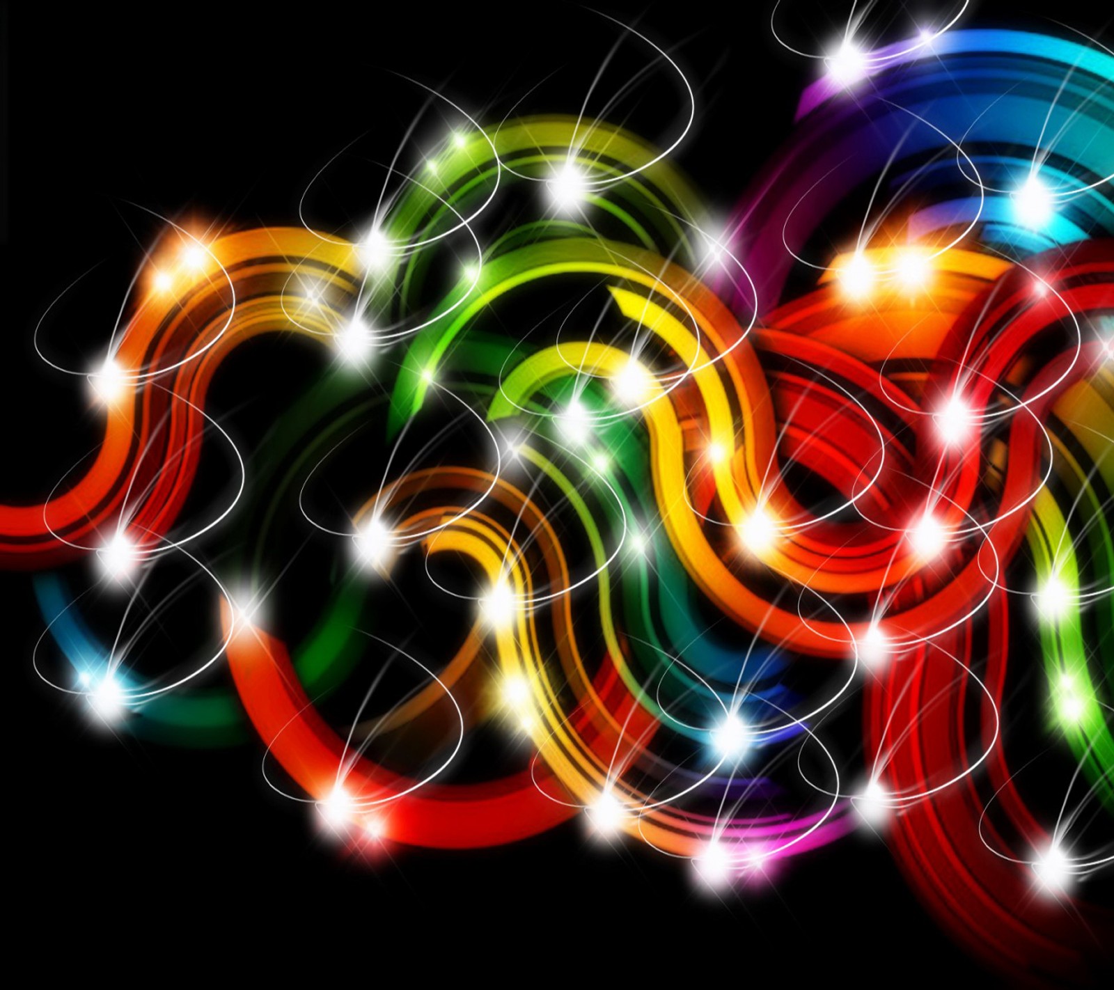 Abstract colorful swirls on a black background with stars (abstract, wallpaper)