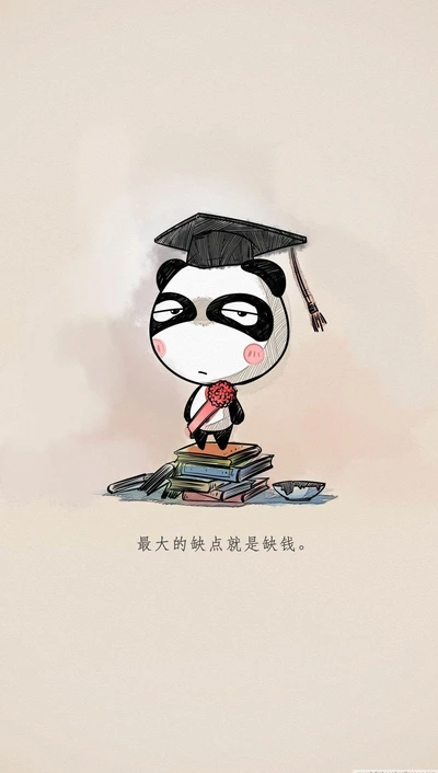 Um personagem fofo de panda usando um capelo de formatura está em cima de uma pilha de livros, simbolizando a busca pelo conhecimento e pela educação.