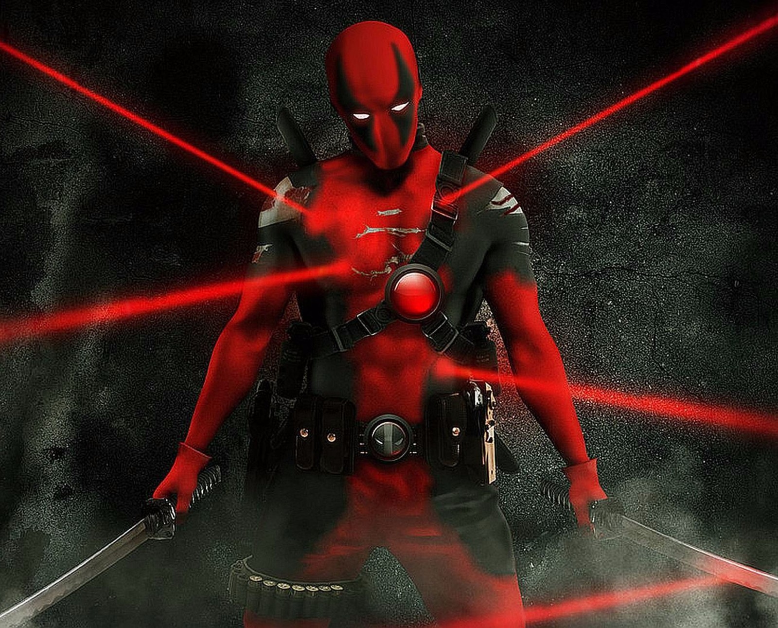 Deadpool in einem roten anzug mit zwei schwertern und einem roten laser (held, marvel, superheld)