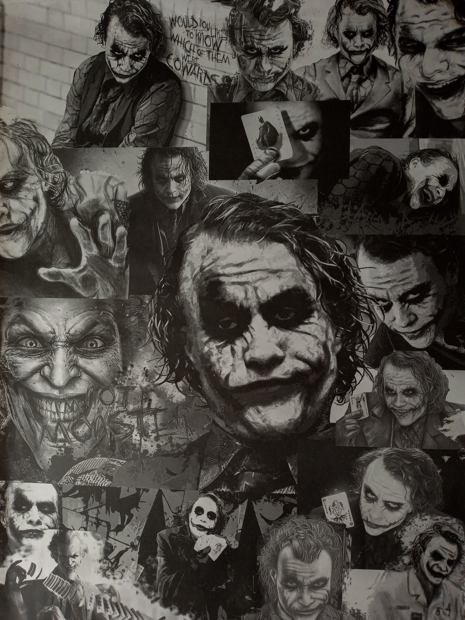 Un gros plan d'un groupe de visages différents (noir, collage, joker)