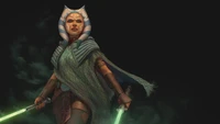 Ahsoka Tano mit zwei grünen Lichtschwertern, bereit für den Kampf in einer dramatischen, schattigen Umgebung.