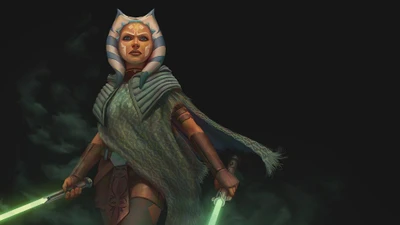 Ahsoka Tano wielding dual green lightsabers, ready for battle in a dramatic, shadowy setting.