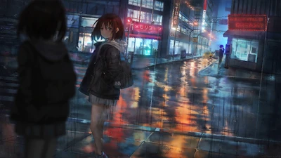 Rainy Night Reflections: Anime Girls Amidst Neon Lights