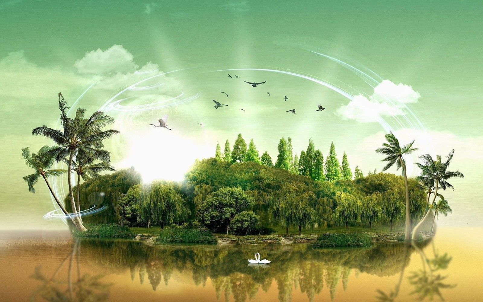 A close up of a small island with trees and birds flying around (nature, green, vegetation, reflection, tree)