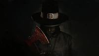 A menacing figure in a dark hat holds a bloody axe, embodying a chilling twist on Thanksgiving.