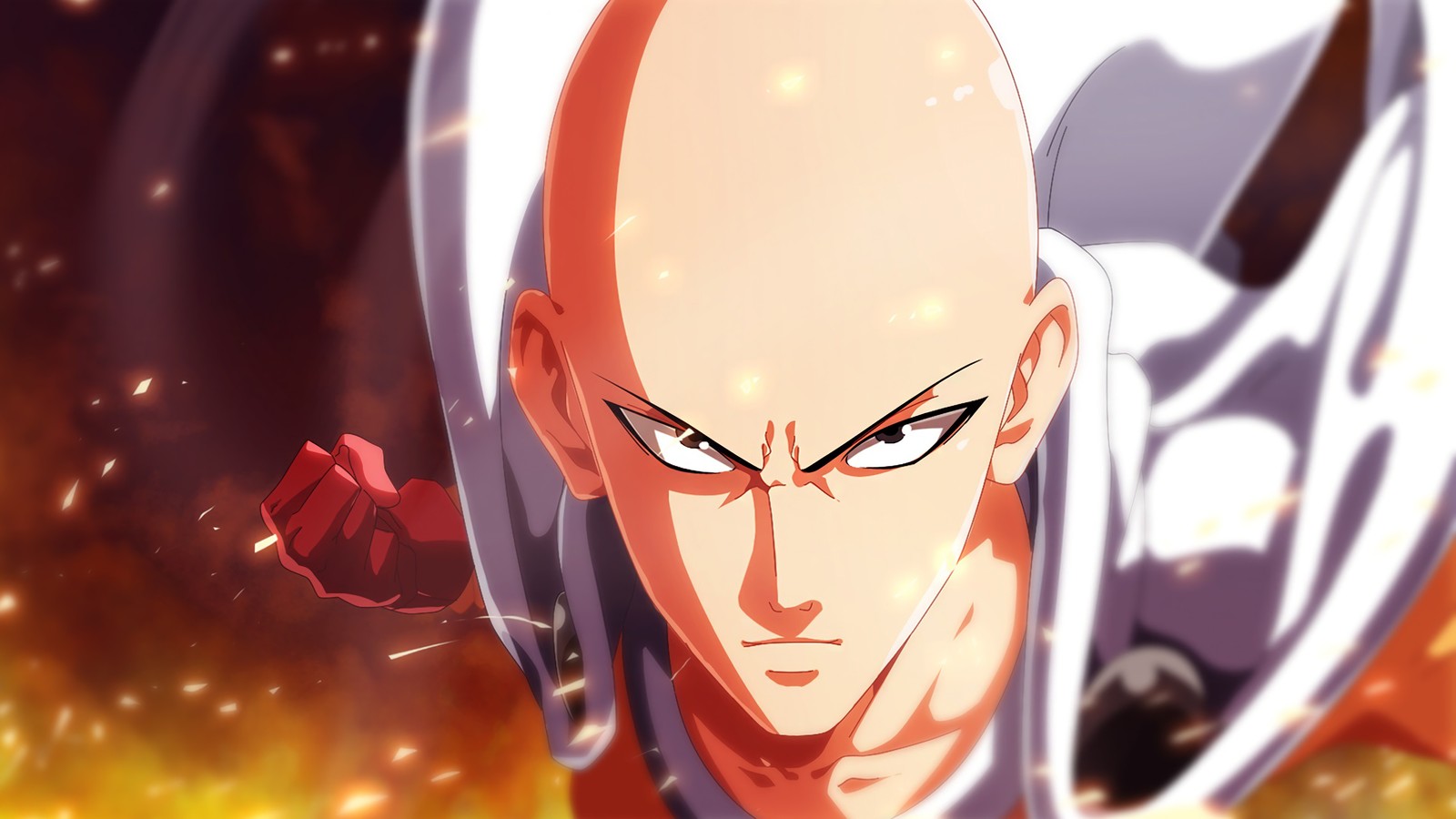 Gros plan d'une personne tenant une épée dans le feu (saitama, one punch man, anime)