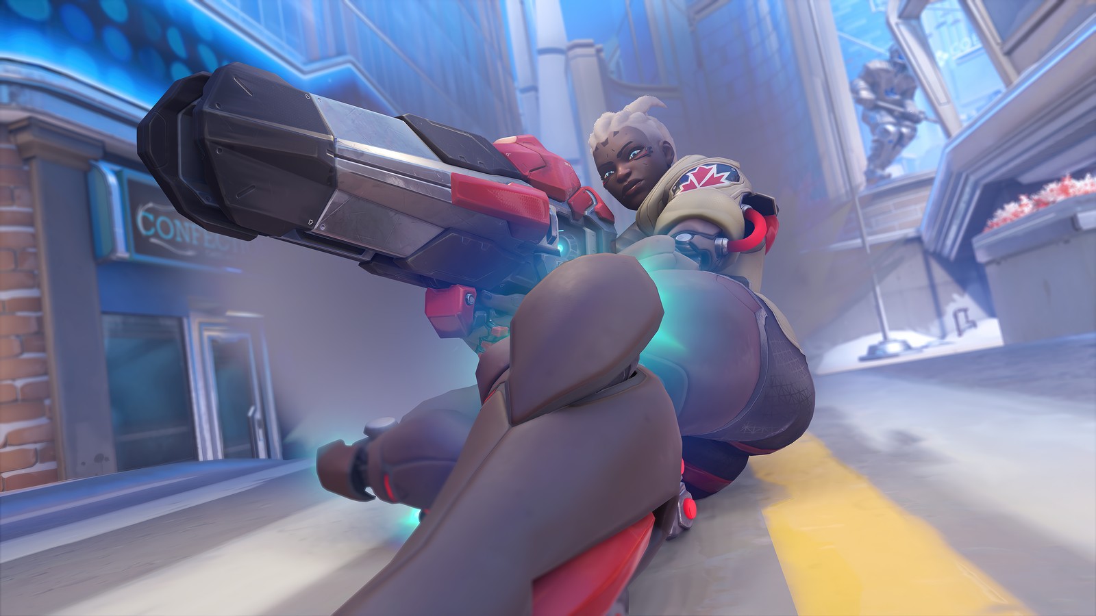 A close up of a person on a motorcycle in a street (sojourn, overwatch 2, video game)