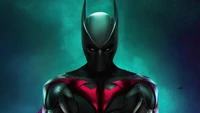 Futuristic superhero in sleek armor, merging elements of Batman and high-tech design, set against a vibrant, mystical backdrop.