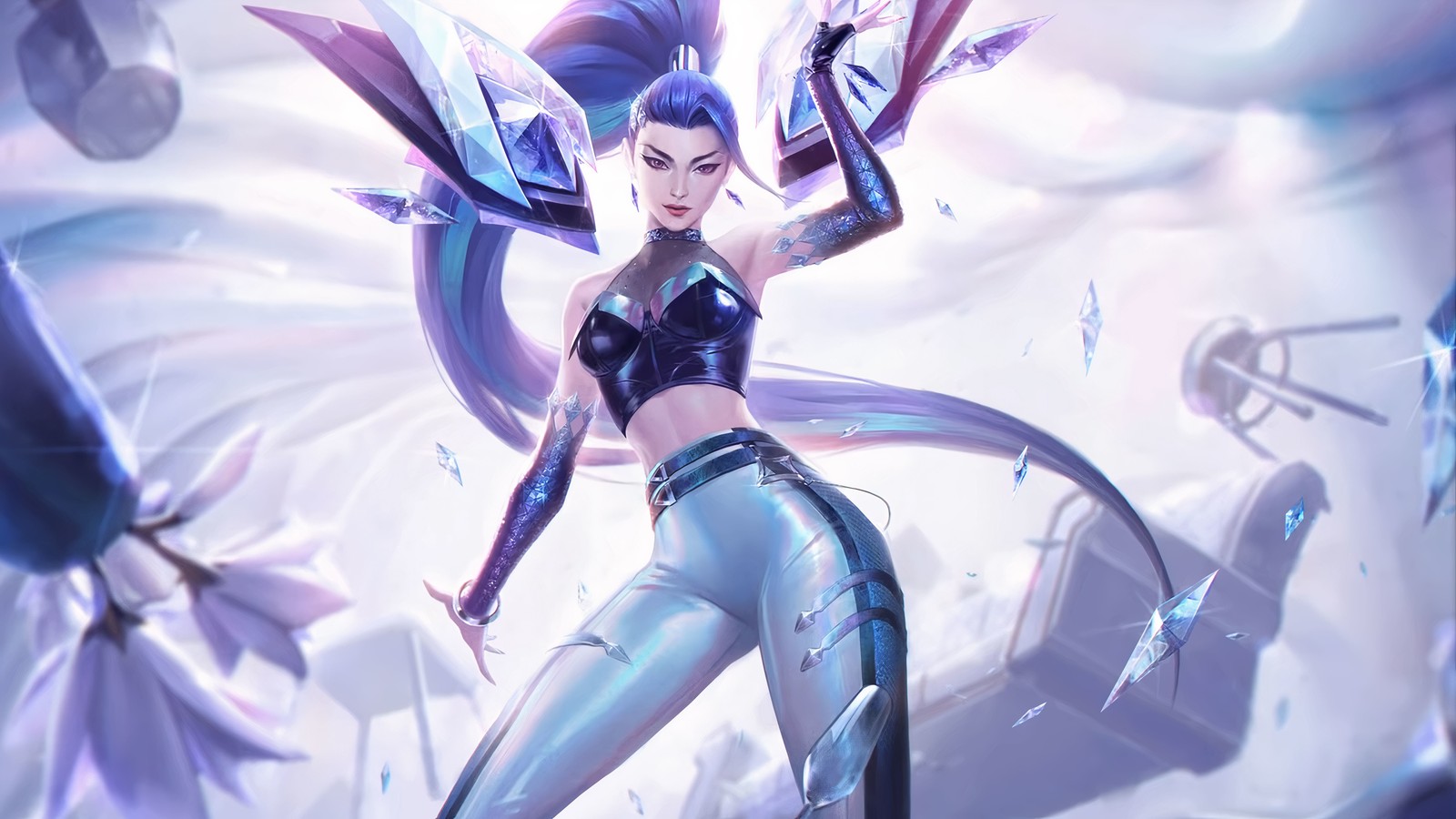 Une femme en haut noir et pantalon argenté tient une épée. (kaisa, kda, league of legends, 5k, 8k)