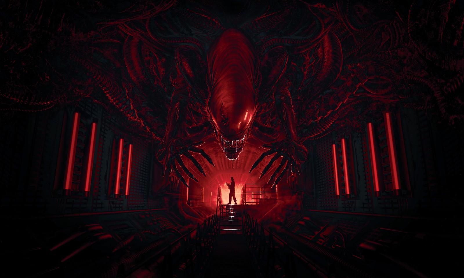 Une créature extraterrestre rouge dans une pièce sombre avec des lumières rouges (alien romulus, films dhorreur, rouge foncé, thème sombre, films de 2024)