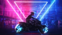 Motociclista futurista em paisagem urbana neon