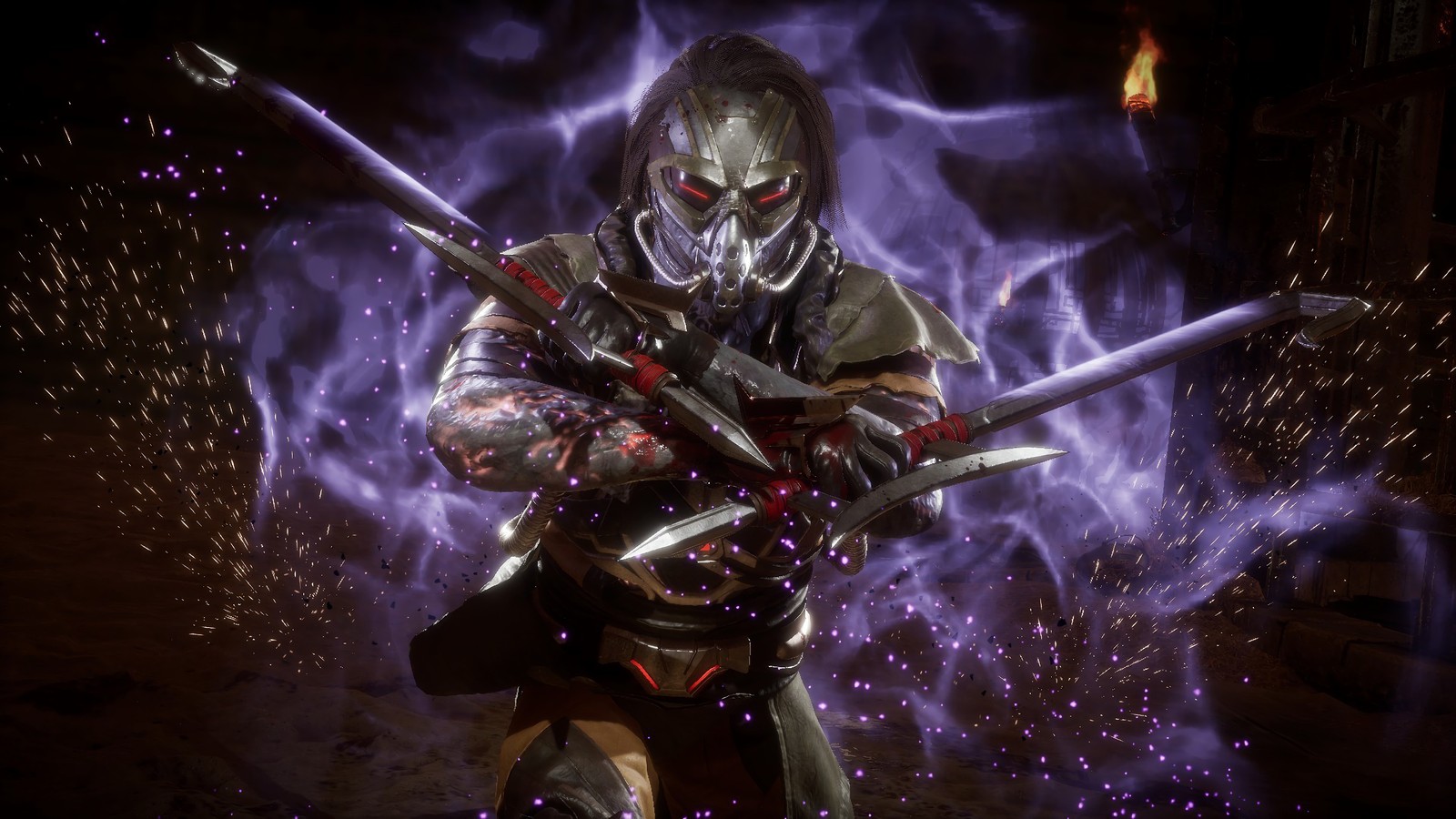 A man in a mask holding two swords in a dark room (kabal, mortal kombat 11, video game)