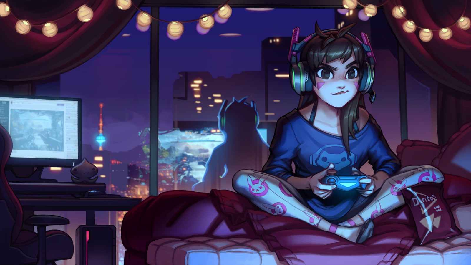 Una chica sentada en una cama con auriculares y un gato en su regazo (dva, overwatch, videojuego)