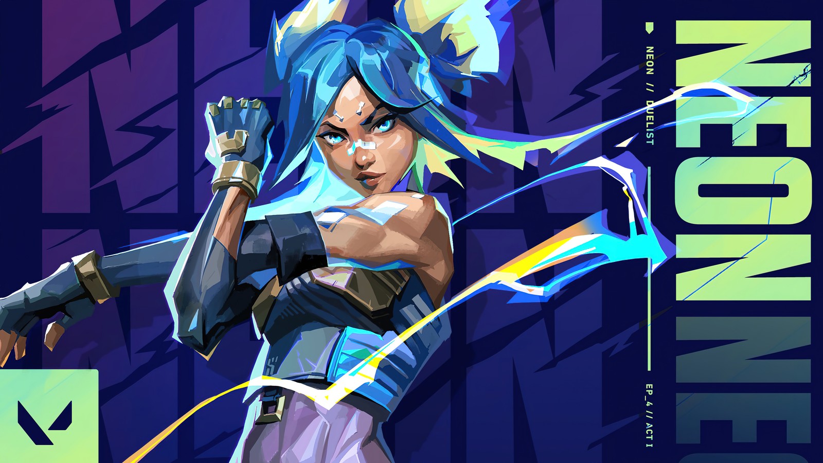 A woman in a blue outfit holding a gun and a neon blue background (neon, valorant, video game)