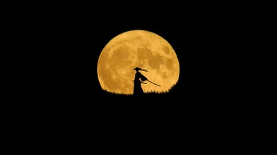 Silhueta minimalista de samurai contra uma lua cheia