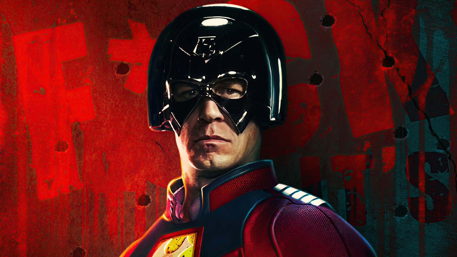 A close up of a man in a helmet and a red background (peacemaker, the suicide squad, movie, dc, 2021)