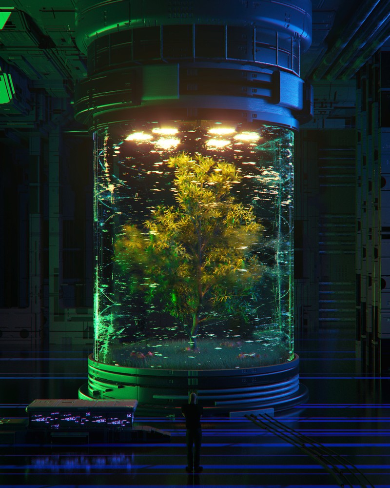 There is a fish tank with a tree inside of it (majorelle blue, lighting, green, special effects, light fixture)