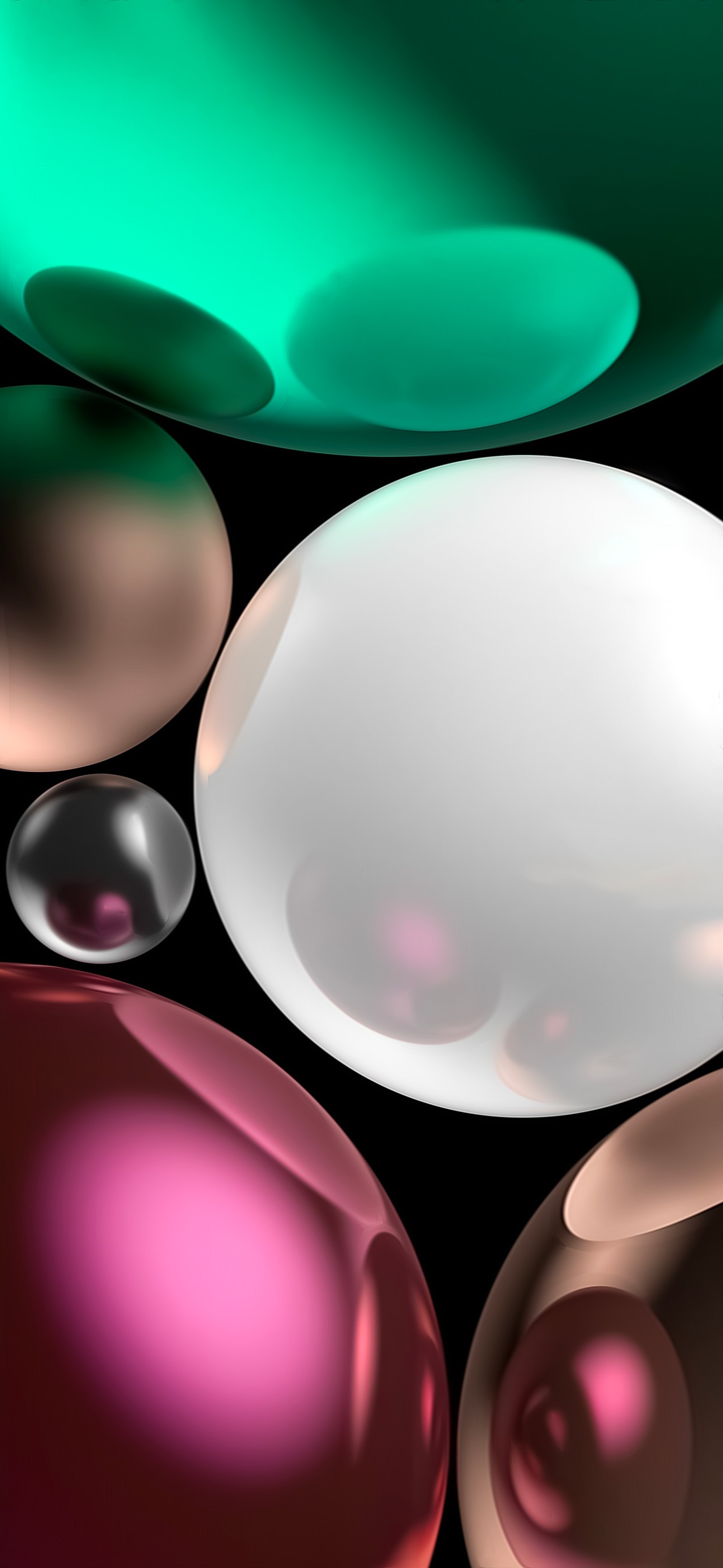 A close up of a group of shiny spheres on a black surface (apples, smartphone, light, line, gas)