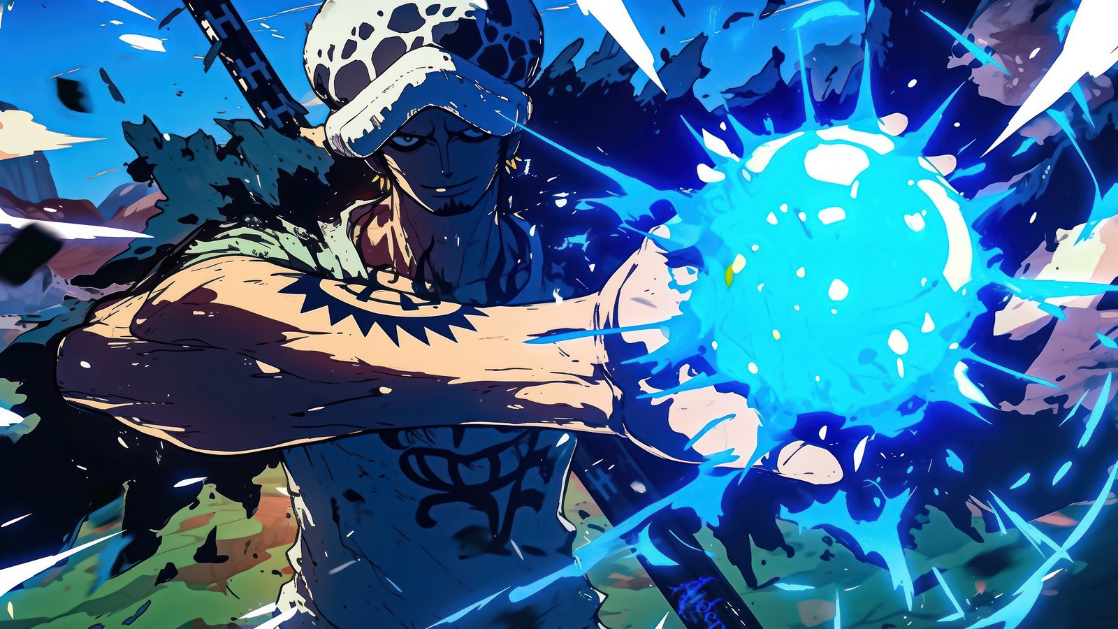 Un hombre sosteniendo una bola azul na mão com uma luz azul (trafalgar law, one piece, anime)