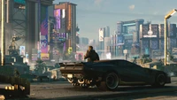 V dans une voiture élégante, surplombant le paysage urbain vibrant de Cyberpunk 2077.