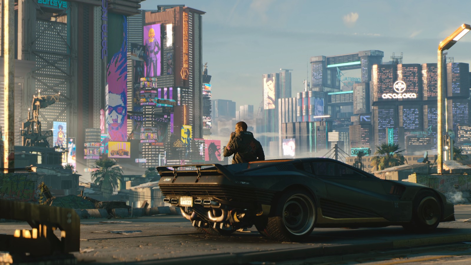 Кибергород с мужчиной, сидящим на крыше машины (cyberpunk 2077, видеоигра, v, машина)