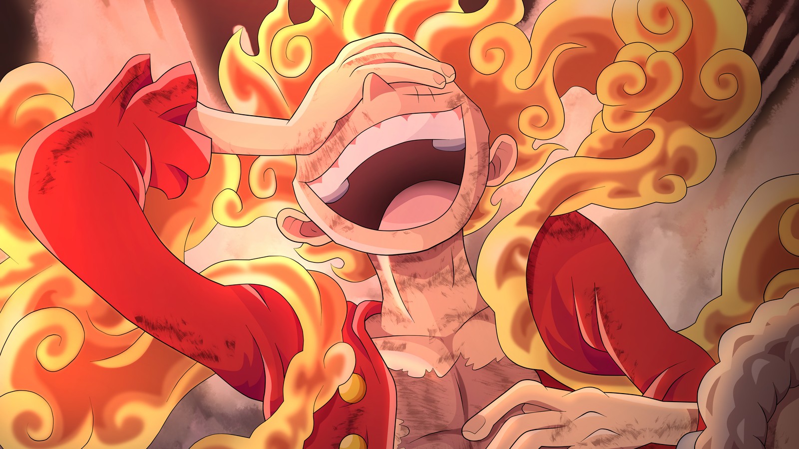 Une image de dessin animé d'un homme avec un énorme feu sur la tête (monkey d luffy, équipement 5, gear fifth, dieu du soleil, nika)