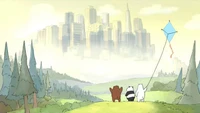 Three bears gazing at a distant city skyline while flying a kite in a serene landscape.