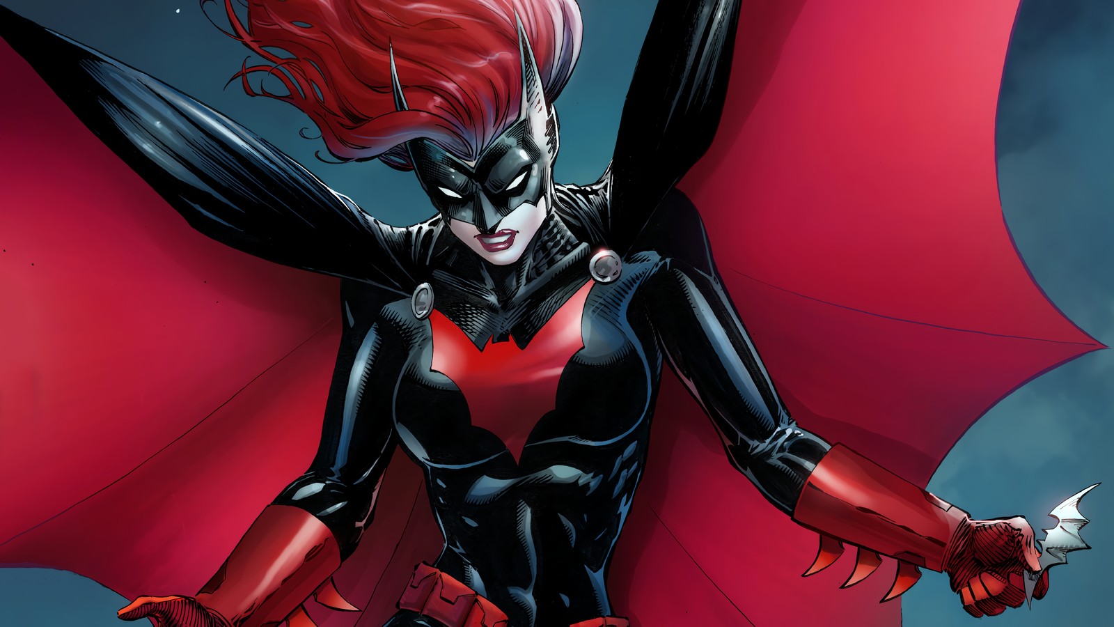 Un primer plano de una mujer en un disfraz de murciélago con cabello rojo (batwoman, cómics, dc comics)