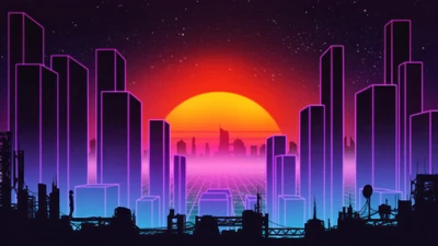 закат, ретровейв, retrowave, цифровое искусство