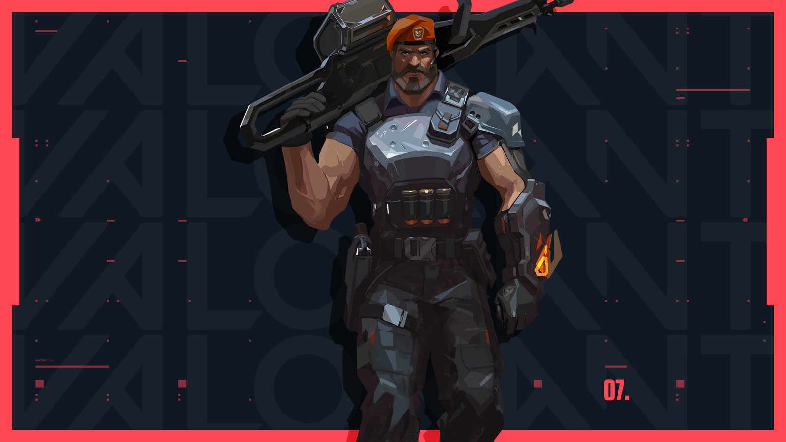 A man with a gun and a helmet on holding a rifle (valorant, video game, brimstone)