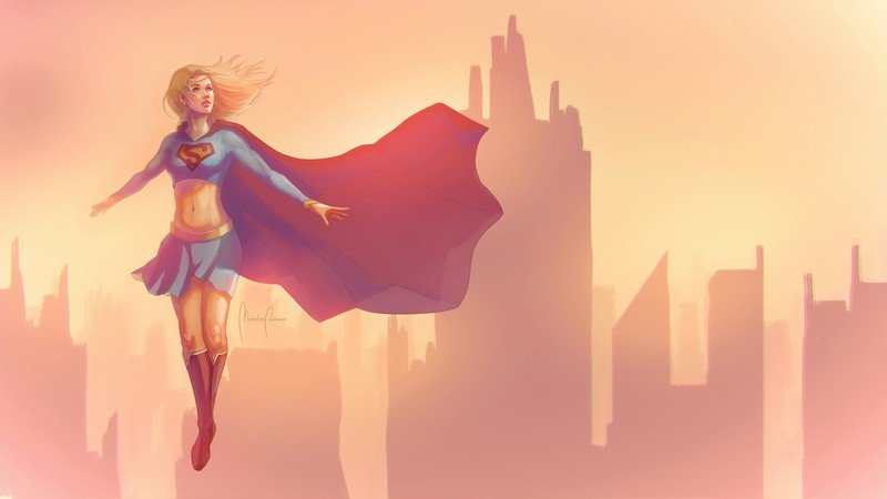 Женщина, летящая в воздухе с накидкой над головой. (супердевушка, supergirl, искусство, произведение искусства, иллюстрация)