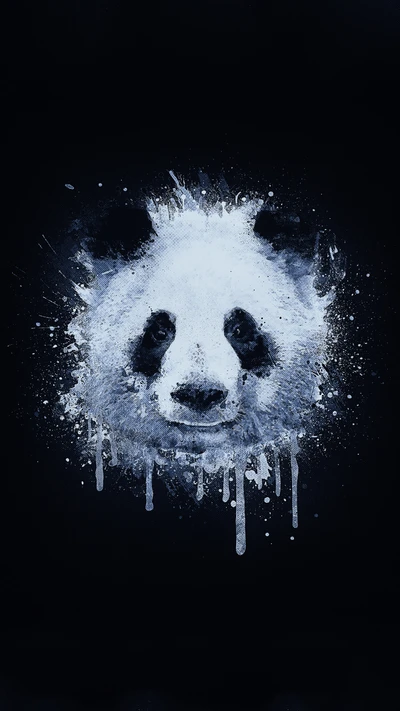 Portrait abstrait d'un panda, présentant un mélange d'éclaboussures et de gouttes de peinture sur un fond sombre.