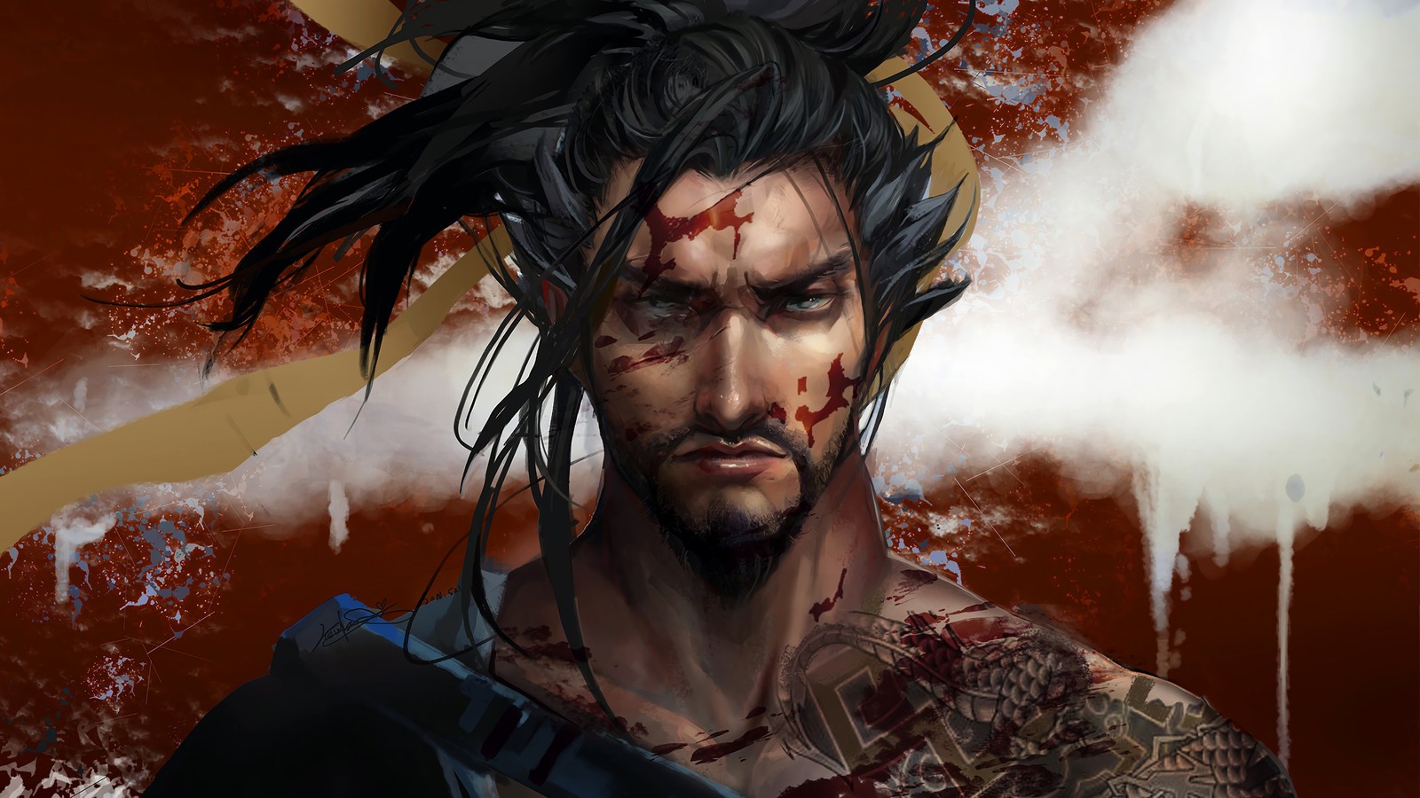 Un primer plano de un hombre con una espada y el rostro cubierto de sangre (hanzo, overwatch, videojuego)