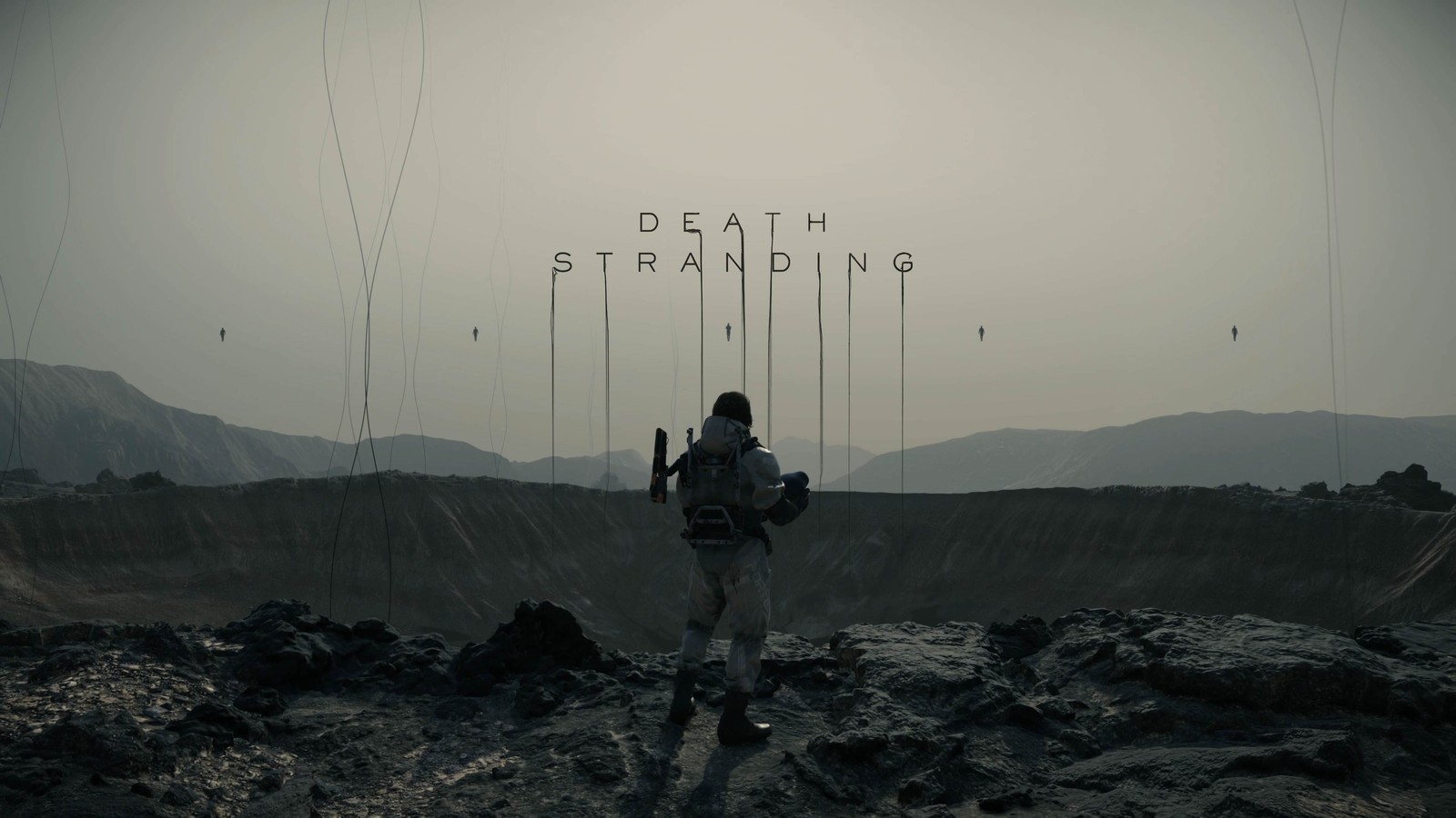 Мужчина стоит на вершине скалистого холма с рюкзаком (death stranding, видеоигра)