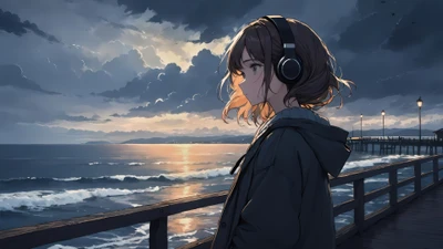 niñas de anime, auriculares, playa, cielo, nubes