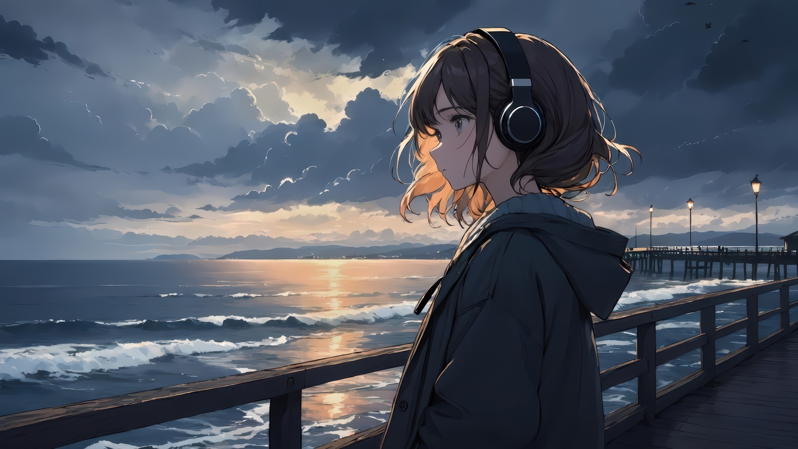 anime girls, headphone, beach, sky, clouds wallpaper