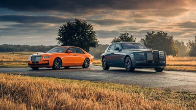 Duo élégant : Rolls Royce Ghost Black Badge et Phantom Series II dans un paysage époustouflant