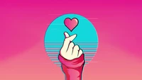 Corazón de dedo vaporwave en estética retro rosa